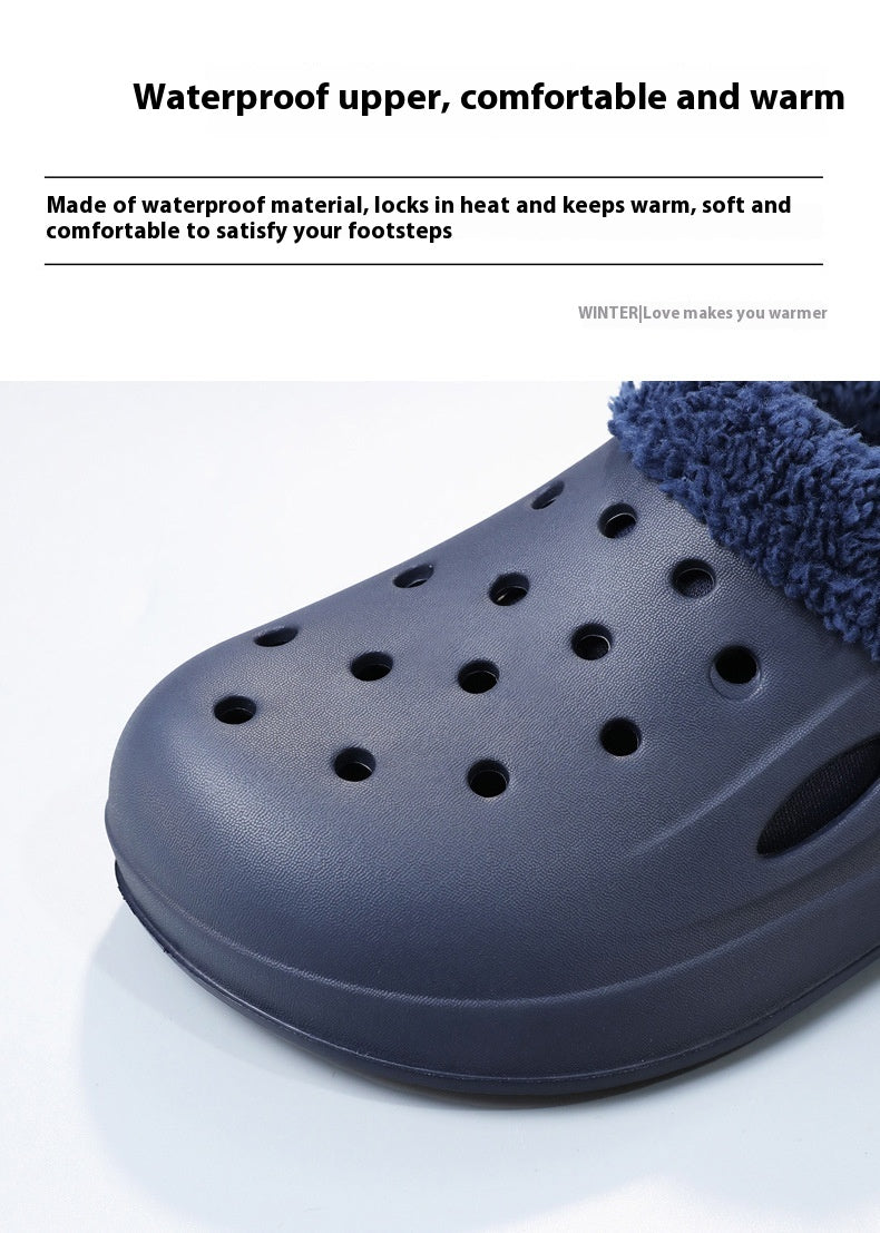 Navy blue slip-on shoe with textured fur lining on a white background, featuring text about shoe features.