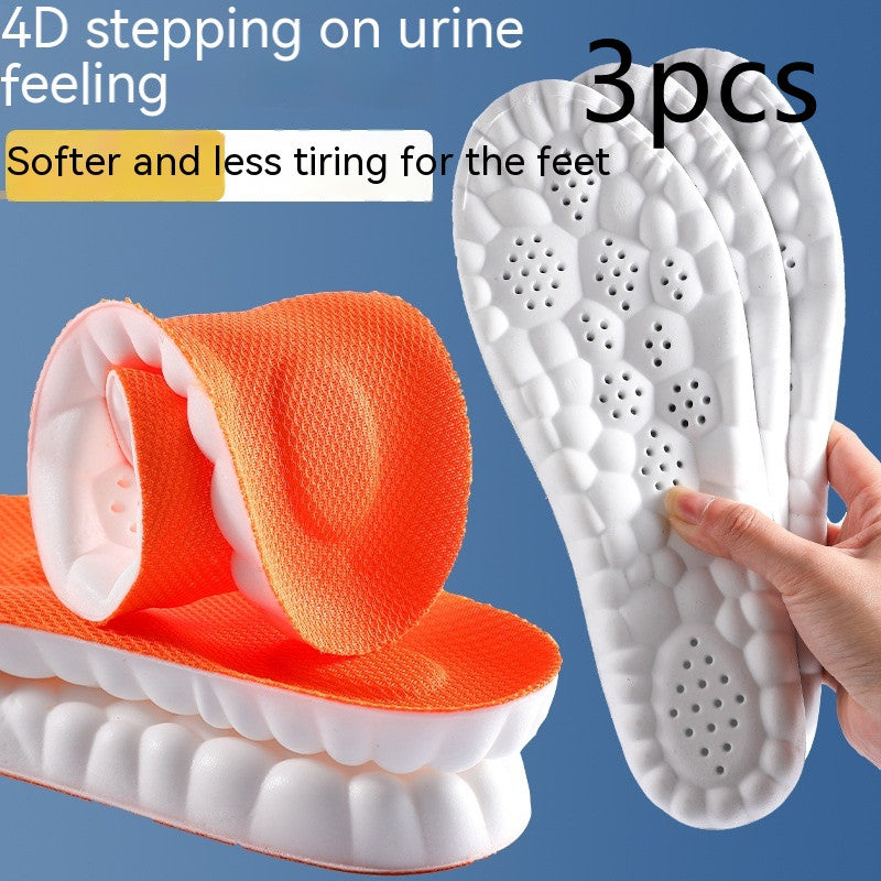 Orange and white shoe inserts with a hand holding one, on a blue background.