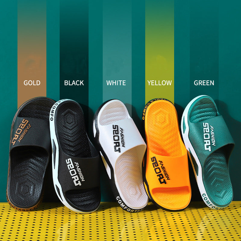 Five pairs of slides in gold, black, white, yellow, and green on a striped background.