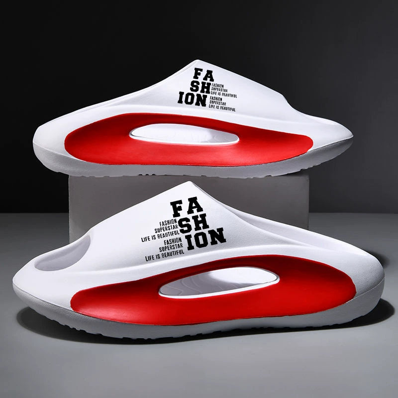 White slippers with red soles and black text on a dark background