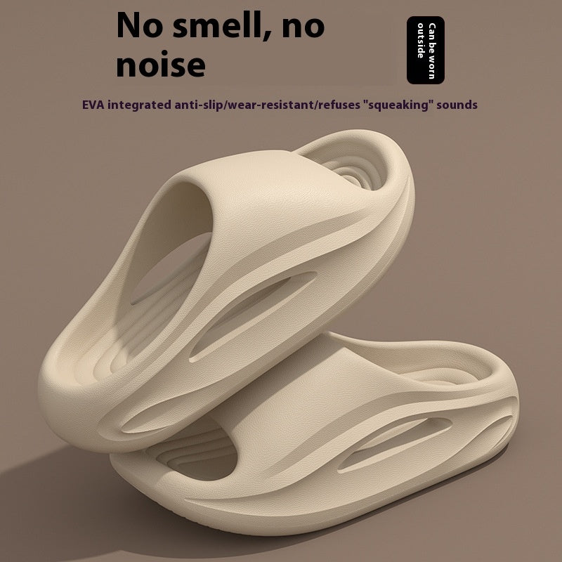 Beige sandal with unique design on a brown background, featuring text about EVA material properties.
