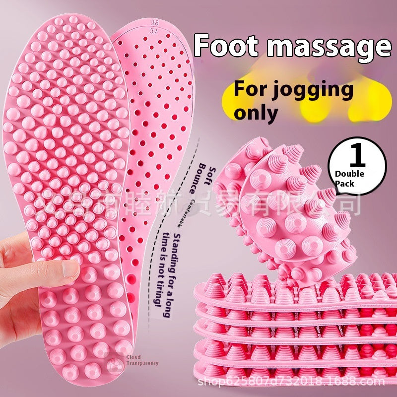 Pink foot massage insoles with text indicating for jogging only on a light purple background.