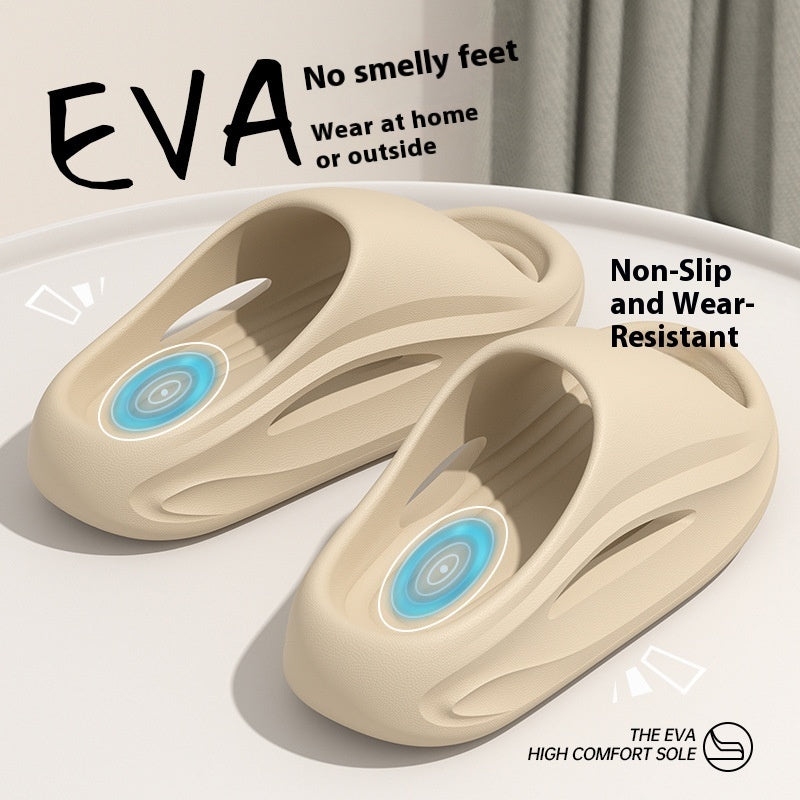 Beige EVA slippers with blue circular designs on a white background, featuring text about their properties.