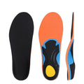 Black, orange, and blue shoe insole with a yellow heel pad on a white background