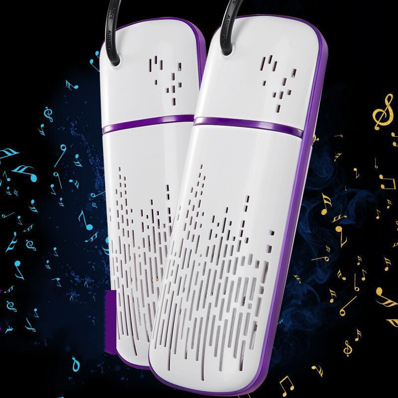 White and purple shoe dryer on a dark background with musical notes.