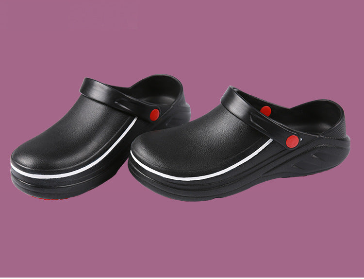 Pair of black clogs with white stripes and red buttons on a purple background