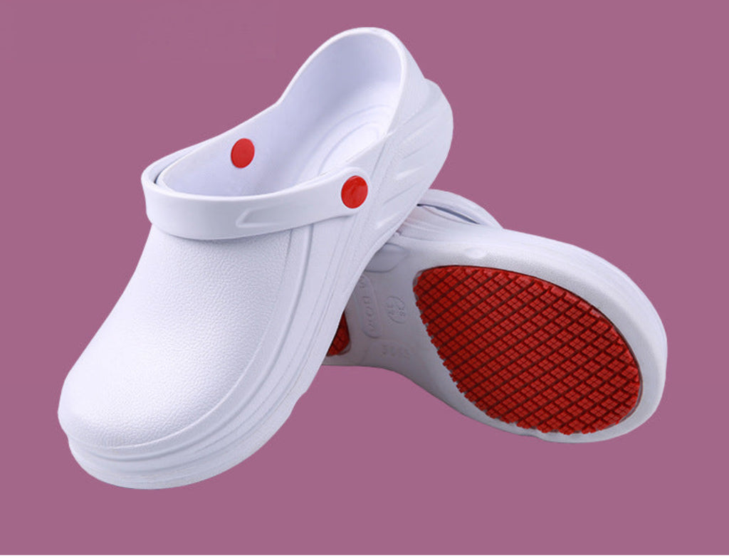 White clogs with red soles on a purple background
