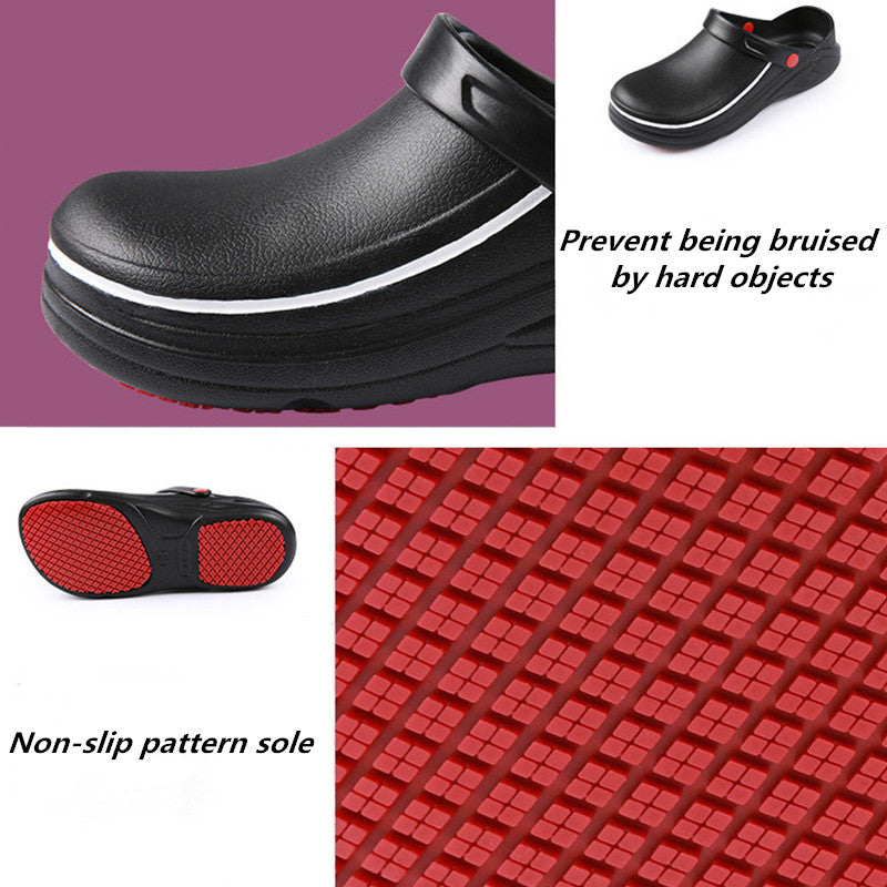 Black slip-on shoes with red sole pattern and text on a purple background