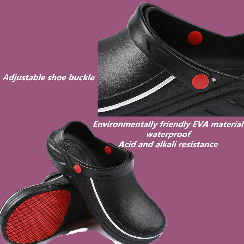 Black clogs with red accents on a purple background, highlighting features like adjustable buckle and EVA material.