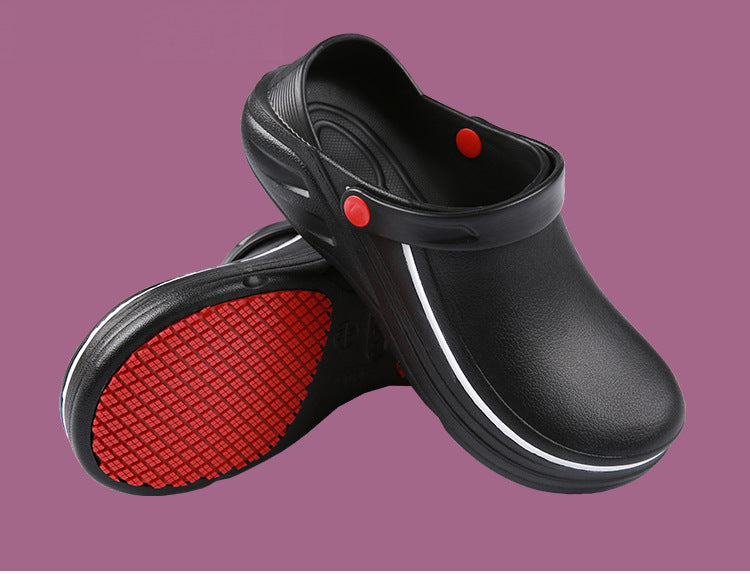 Black clogs with red soles and buttons on a purple background