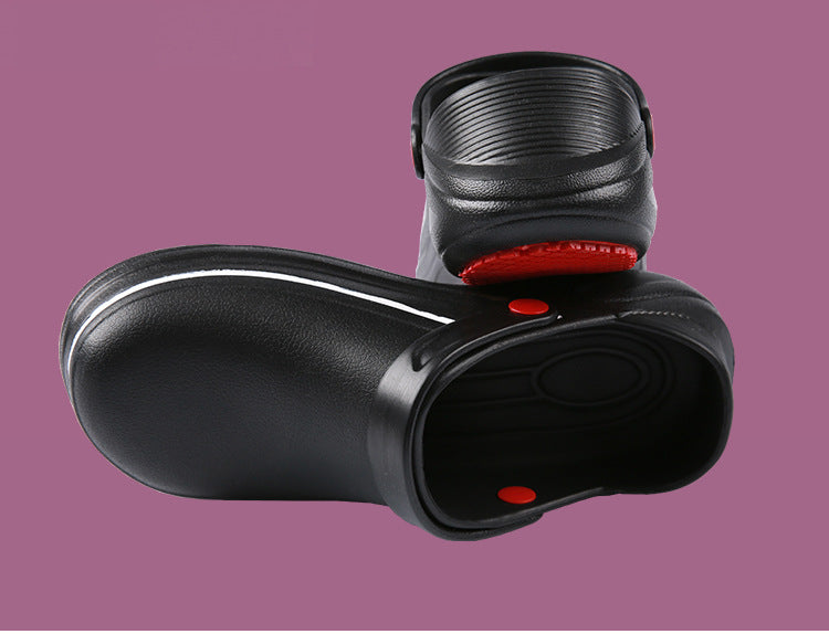 Black clogs with red accents on a purple background