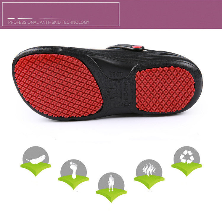 Black sandal with red sole on a white background, featuring professional anti-skid technology.