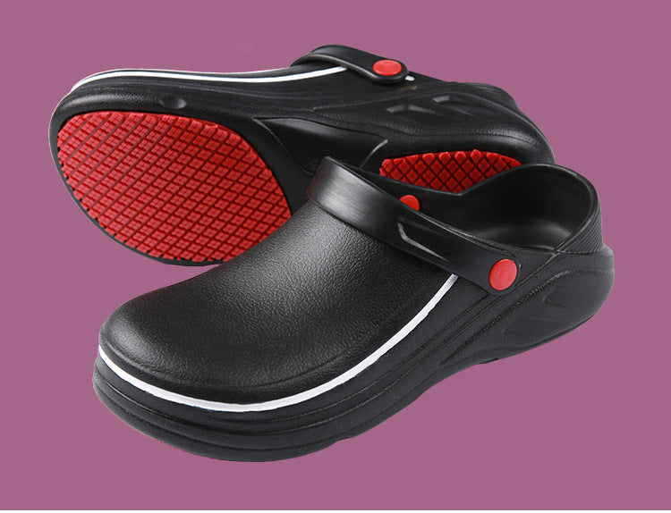Black clogs with red soles on a purple background
