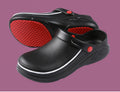 Black clogs with red soles on a purple background