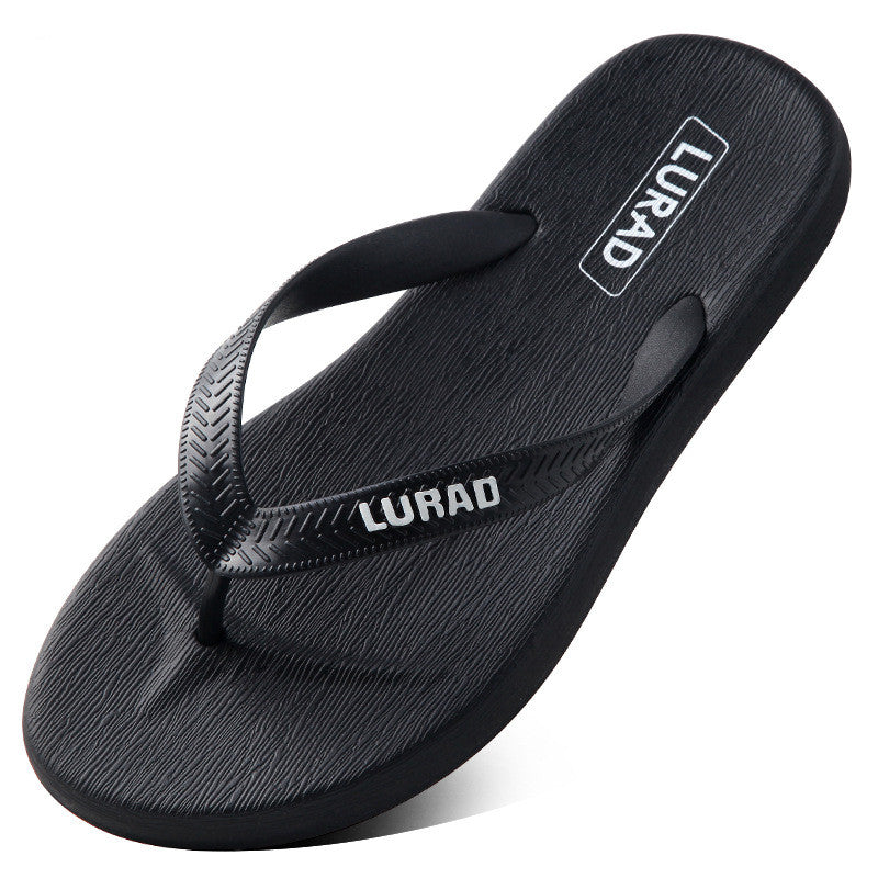 Black flip-flop sandal with 'LURAD' branding on a white background