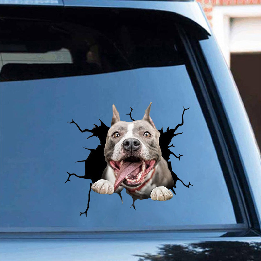 Dog decal on a car window with a cracked effect