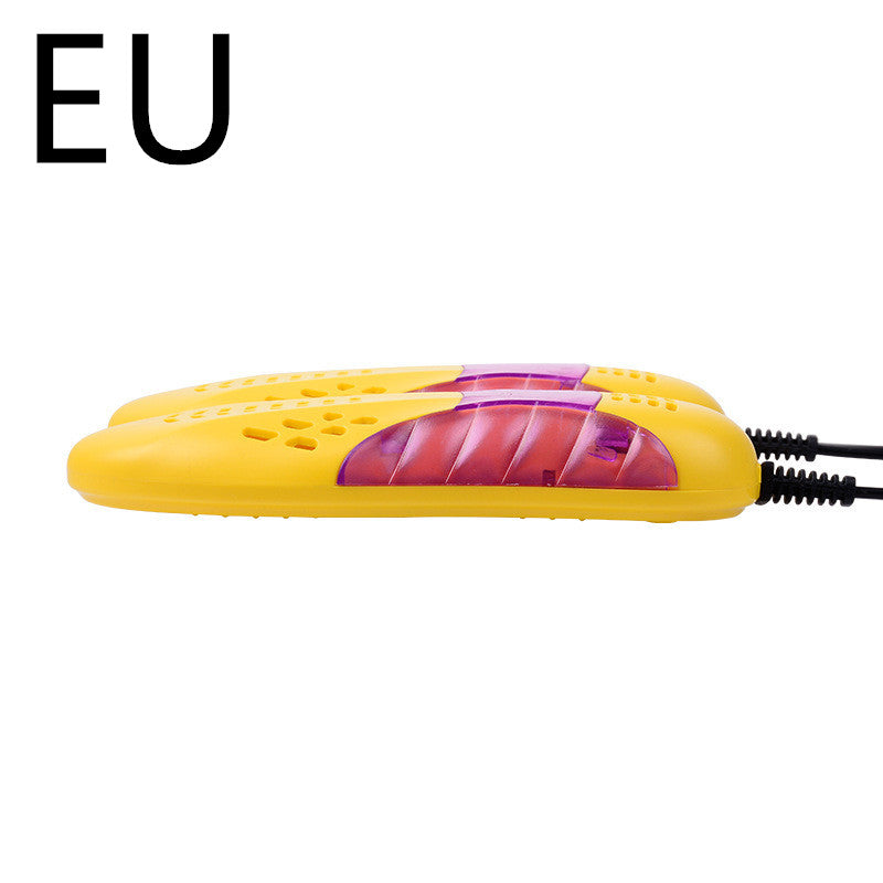 Yellow and purple shoe dryer with a visible 'EU' label on a white background