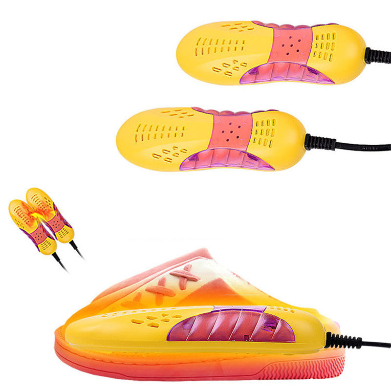 Yellow and pink shoe dryer with a white background