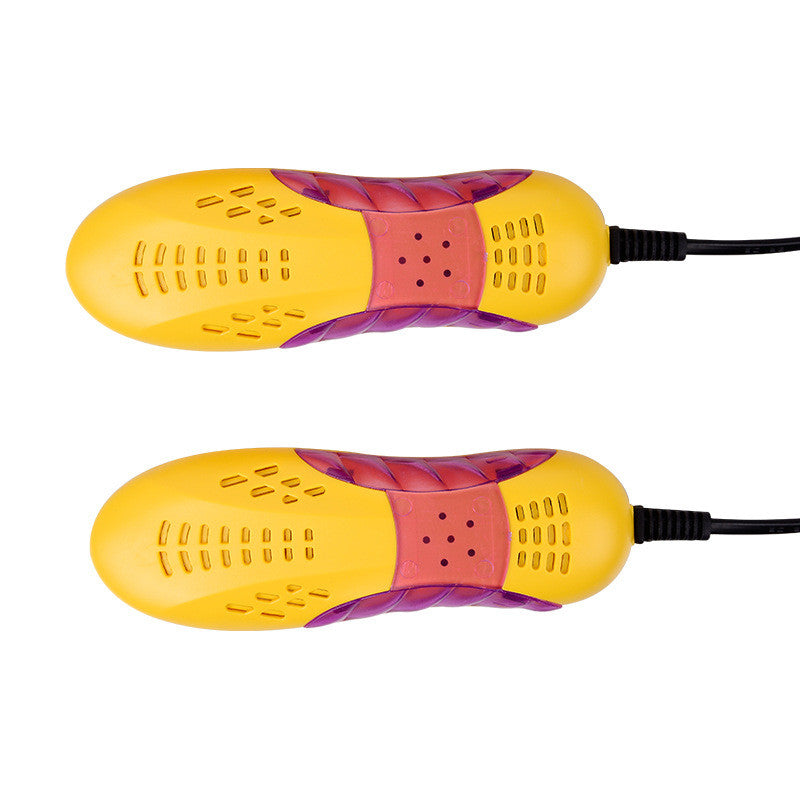 Yellow and purple shoe dryer with a black cord on a white background