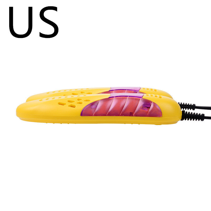 Yellow and purple shoe dryer with 'US' label on a white background