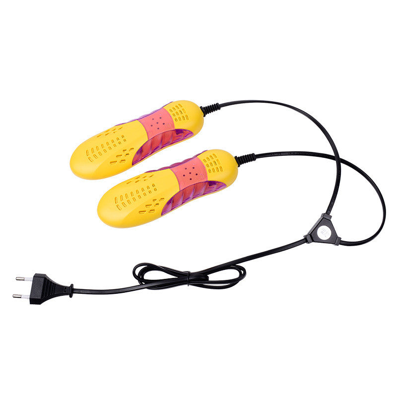 Yellow and pink shoe dryer with a power cord on a white background