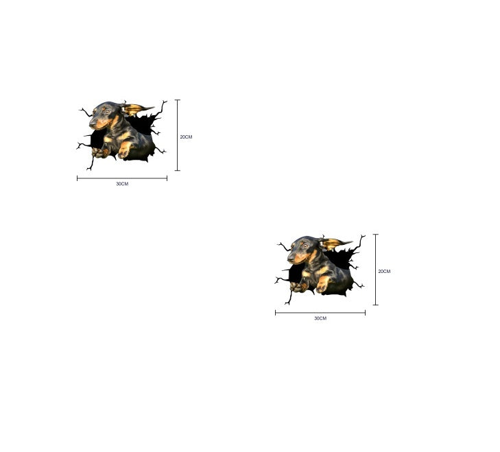 Two wall decals of a dog on a white background with measurement labels.