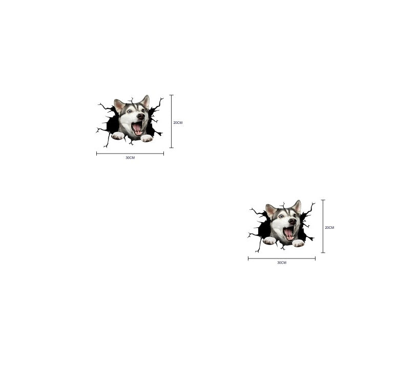 Two decals of a husky dog bursting through walls with measurements on a white background.