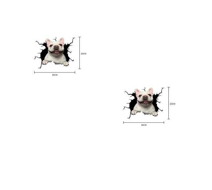 Two wall stickers of a bulldog peeking out from a hole on a white background.