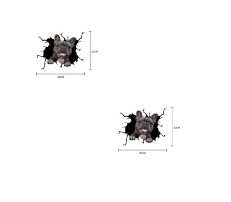 Two wall stickers of a dog peeking out from a black hole with measurements on a white background.