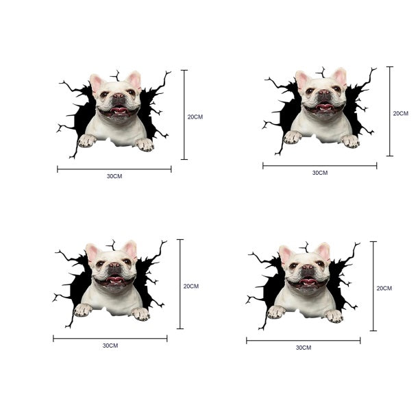 Four instances of a dog wall decal with dimensions on a white background