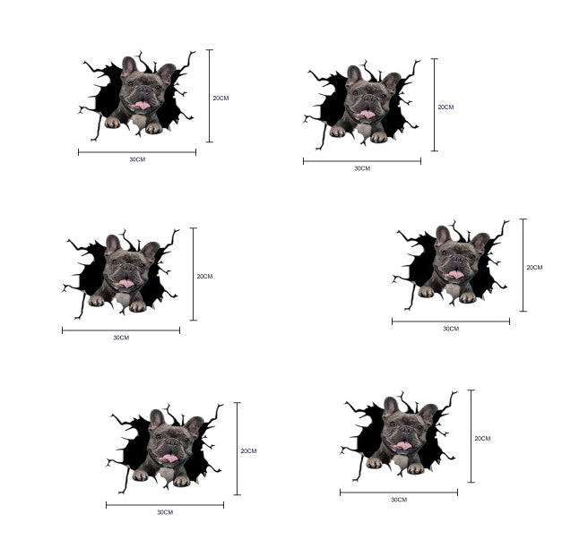 Set of six black and white dog stickers with measurements on a white background