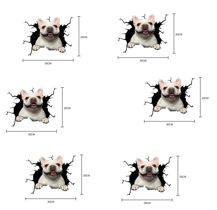 Set of white bulldog wall stickers with dimensions on a white background
