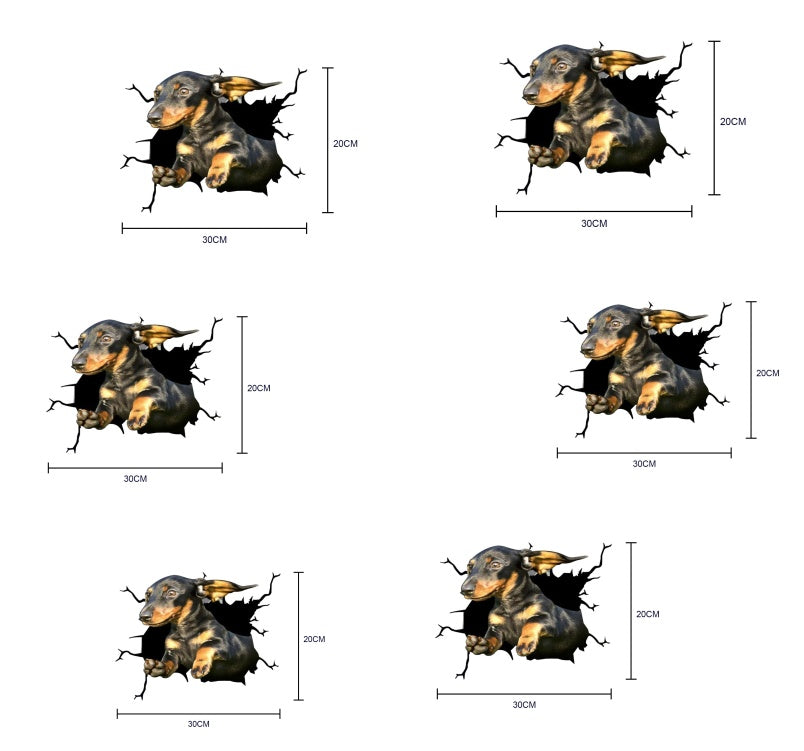 Set of dog-themed wall stickers with dimensions displayed.
