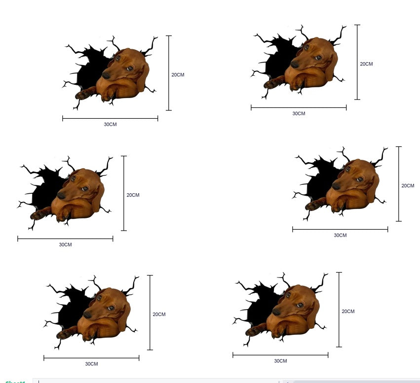 Wall stickers of a dog breaking through a wall with dimensions shown.