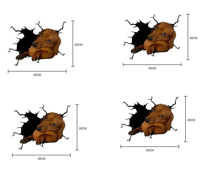 Set of four dachshund wall stickers with dimensions on a white background