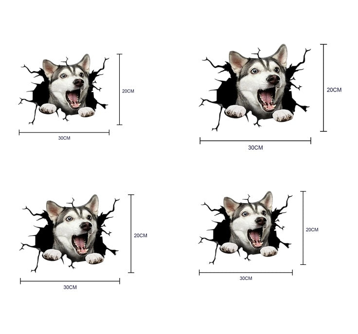 Four husky dog wall stickers with dimensions on a white background