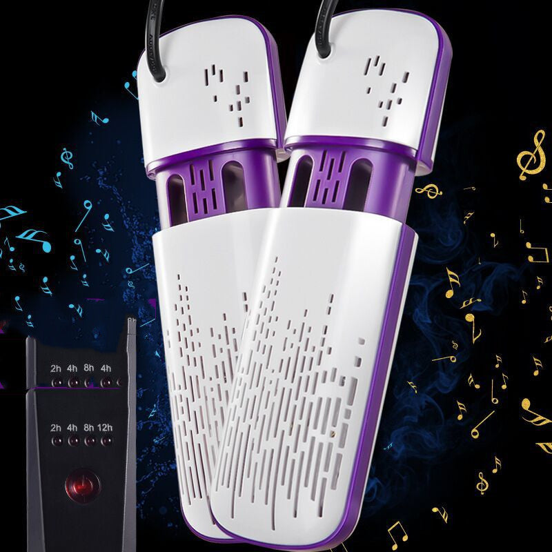 White and purple shoe dryer with digital timer on a dark background with musical notes.