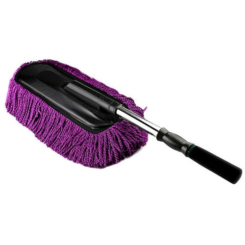 Purple car cleaning brush with extendable handle on a white background