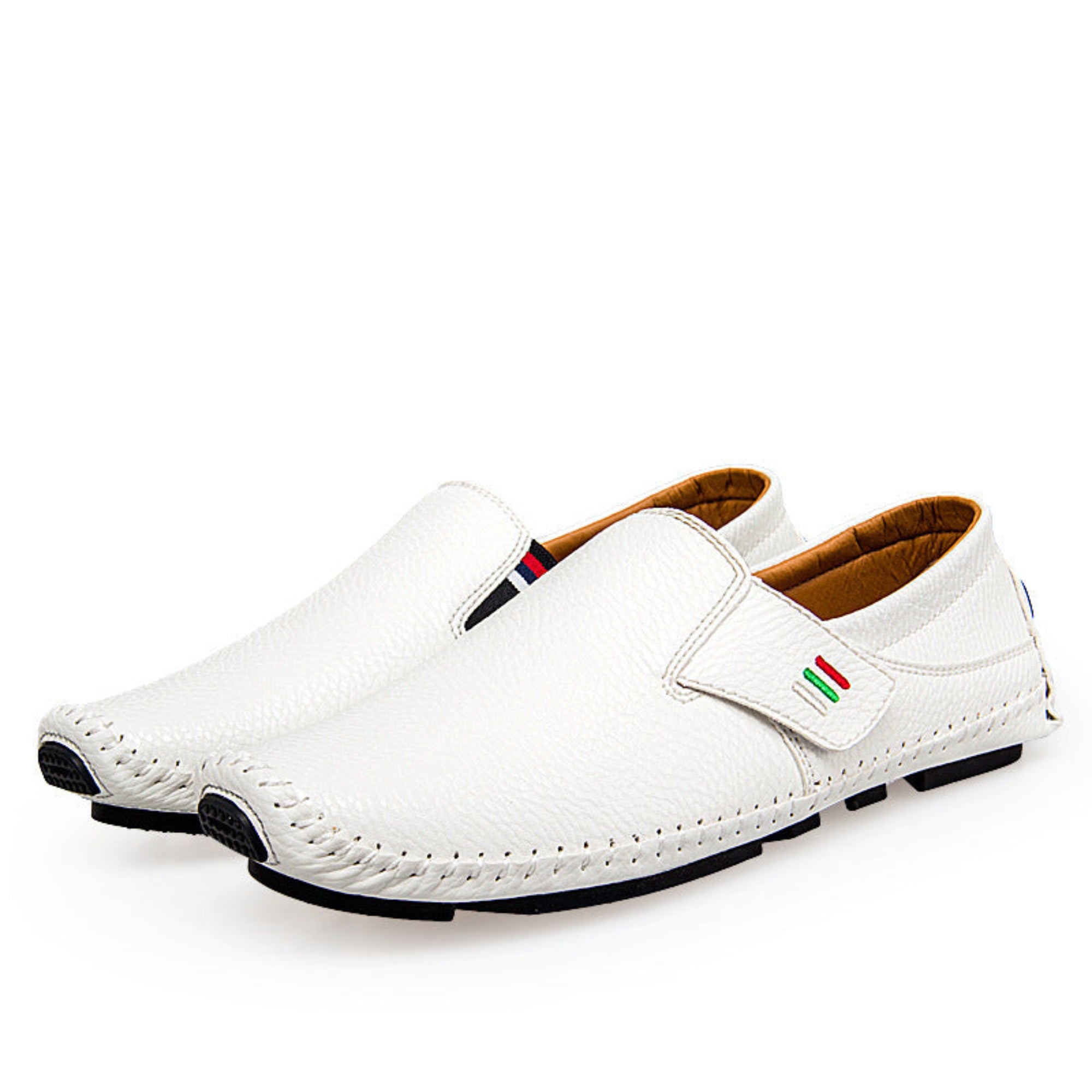White leather shoes with a brand logo on a white background