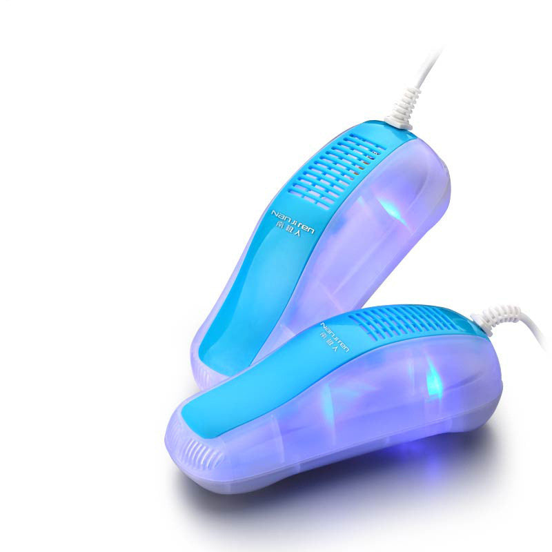 Blue shoe dryer with glowing purple light on a white background