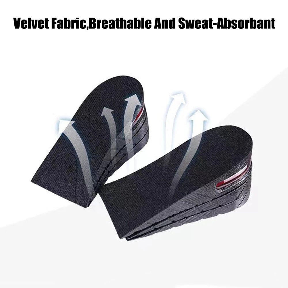 Black shoe inserts with text highlighting features on a white background