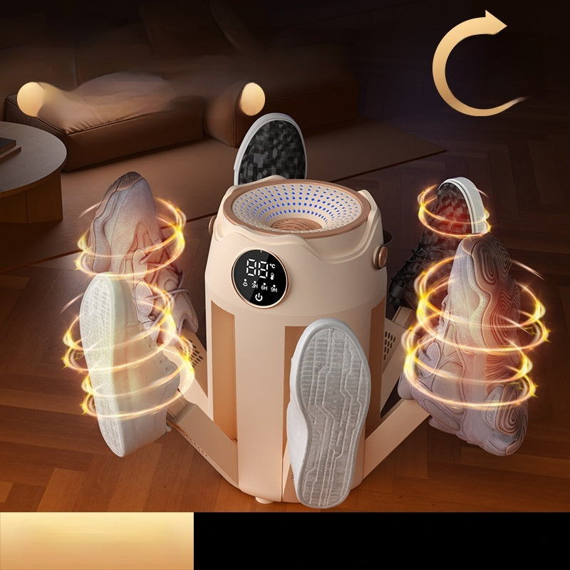 Shoe cleaning machine with shoes being cleaned on a wooden floor.