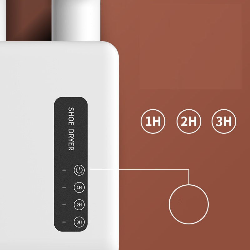White shoe dryer with control panel and timer options on a brown background