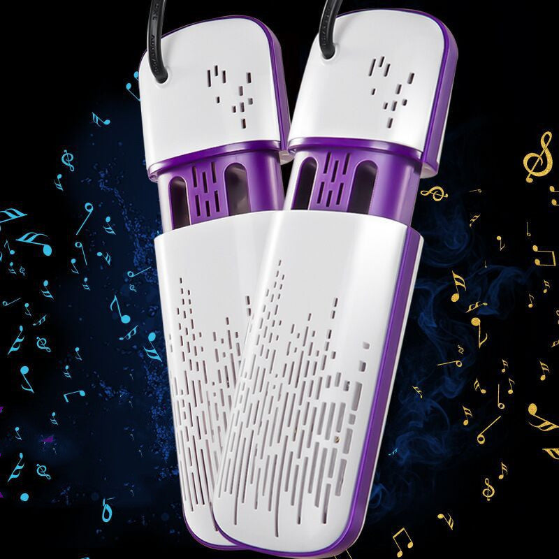 White and purple shoe dryer with decorative musical notes on a dark background