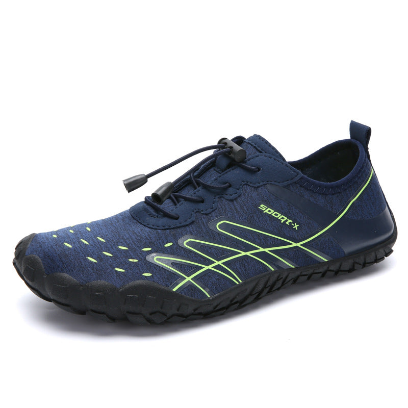 Blue water shoe with black sole on a white background