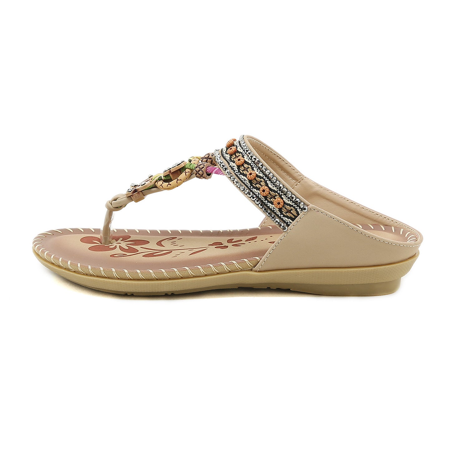 Beige sandal with floral design and beaded straps on a white background