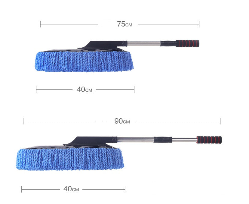 Measurement chart of a blue cleaning brush with an extendable handle on a white background