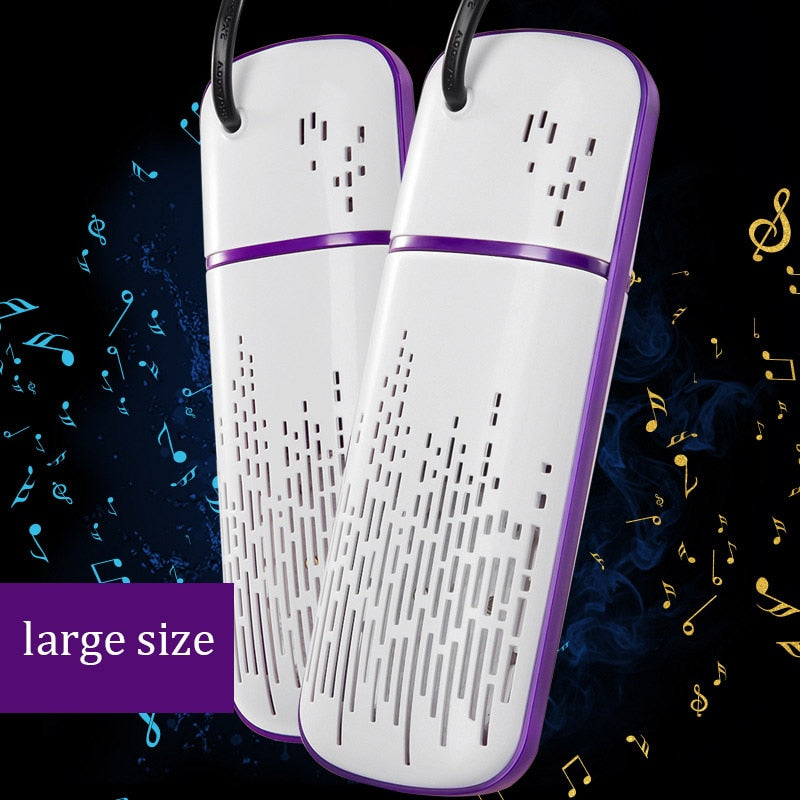 White and purple shoe dryers with decorative elements on a dark background