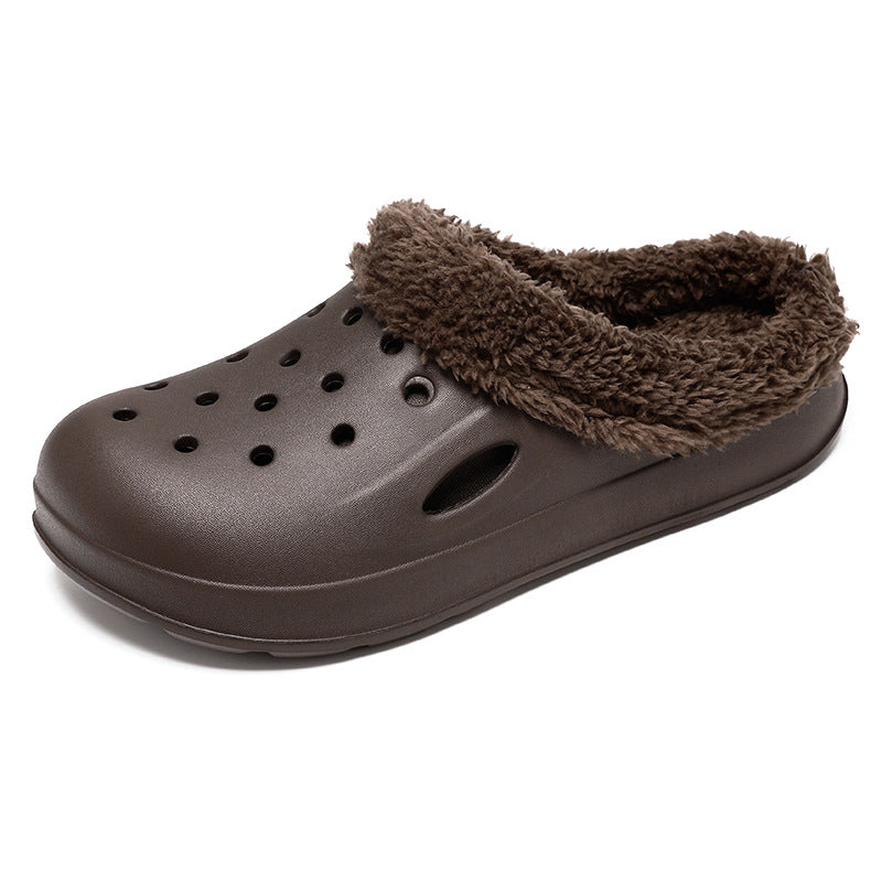 Brown clog shoe with fuzzy lining on a white background