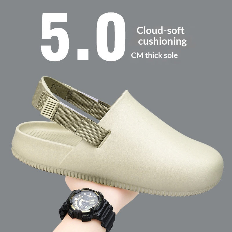 Beige slip-on shoe with cloud-soft cushioning and thick sole on a gray background